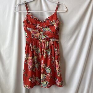 Roxy‎ Women's XS Cottage Red Floral Smocked Mini Sundress Surf Skater Boho